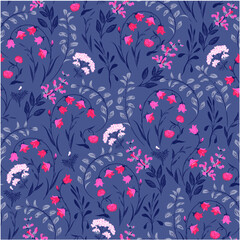 Beautiful blooming flowers design on blue background seamless pattern. Can be used under fabric textile wallpaper. Vector