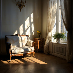 Retro living room design with old frniture.  Sunligh shadow in room.