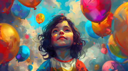 children were playing with colorful balloons happily and flying them into the air, playing in the meadow field. a picture for children's day
