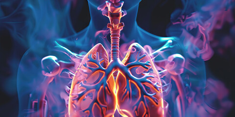 Pulmonary Hypertension: The Shortness of Breath and Fatigue - Picture a person with highlighted lungs showing high blood pressure, experiencing shortness of breath and fatigue - obrazy, fototapety, plakaty