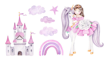 fairy tale princess.Watercolor fairy set:princess,unicorn,castle,rainbow,cloud,star.Childish ornament.Childish collection.