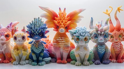 Colorful knitted dragon toy on a white background, displaying intricate craftsmanship and vibrant colors