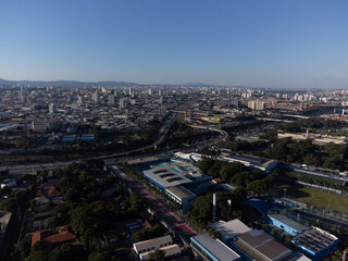 Incredible sunset in the city of São Paulo, a megalopolis with an aerial image above the Tietê River.