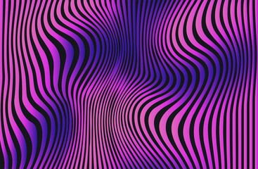 Striped abstract vibrant background with blending colors. Wavy pattern with dark and light layers. 80's futuristic cyberpunk design with glowing colorful neon lights. Vector design.