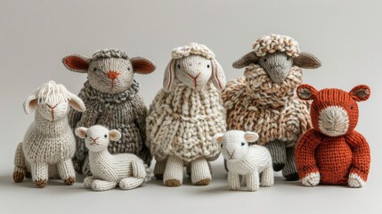 Handcrafted knitted farm animals displayed in a row on a neutral background - obrazy, fototapety, plakaty