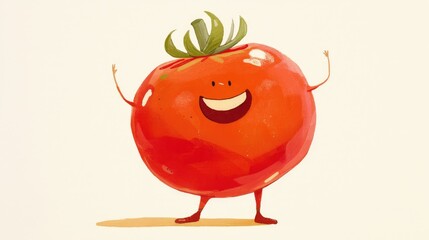 A whimsical tomato character brought to life in vibrant cartoon playfully standing out against a pristine white backdrop
