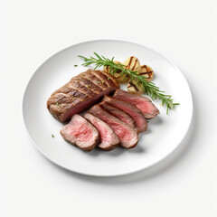 white plate with delicious cooked steak meat сreated with Generative Ai