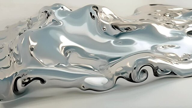 Silver liquid molten metal abstract art background effect. Wave liquid substance in curve wavy smooth and soft bio forms in silver metal chrome material with glossy glass parts on grey background 4k 