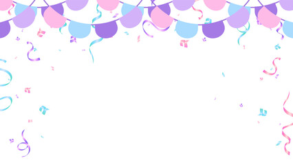 greeting card, frame with pink, blue, purple bunting garland flag and confetti holiday, birthday decoration element