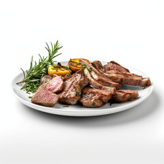 white plate with delicious cooked steak meat сreated with Generative Ai