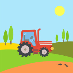 Rural landscape on a sunny day with a red tractor in the field and black crows looking for food. Cartoon vector illustration.