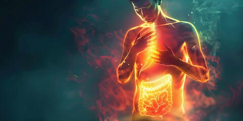 Gastritis: The Stomach Pain and Nausea - Visualize a person with highlighted stomach showing inflammation, experiencing stomach pain and nausea - obrazy, fototapety, plakaty