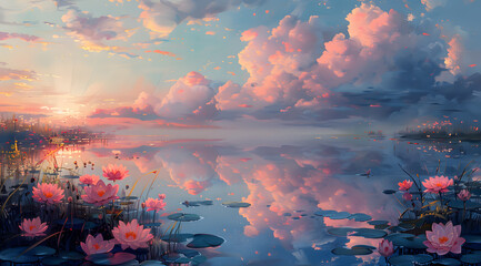 Tranquil Pond Serenity: Oil Painting Capturing Calmness of Pastel Flowers by Reflective Pond
