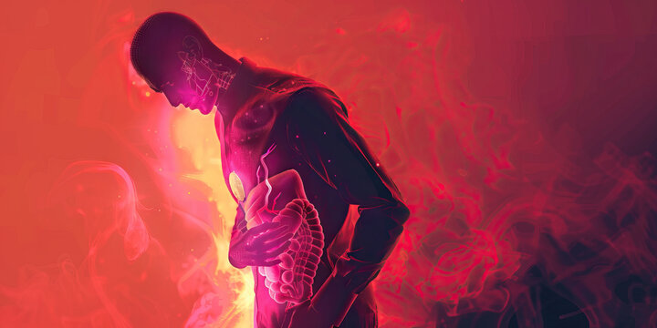 Gastritis: The Stomach Pain and Nausea - Visualize a person with highlighted stomach showing inflammation, experiencing stomach pain and nausea