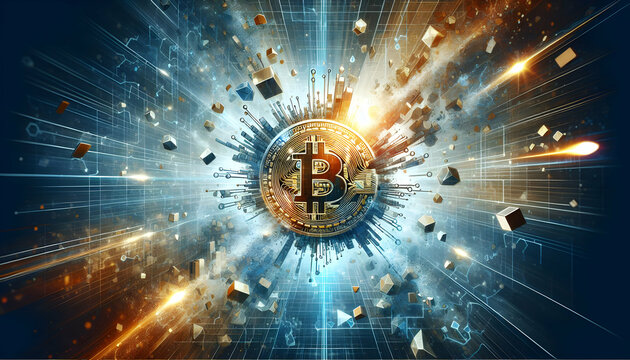 Abstract Blockchain Technology Breakthrough Illustration Following Bitcoin Halving - Stock Photo Concept