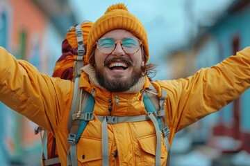 Obraz premium Portrait of a happy young man with a beard and mustache in a yellow jacket with a backpack on his back.
