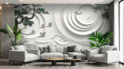 interior modern bright room with white sofa, Luxury White, modern living room with white walls, wooden floor, beige sofa and round coffee table