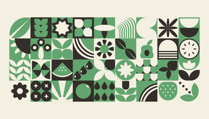 Bauhaus plants, natural geometric pattern in tiles, decorative abstract art with flowers, leaves, fruits, vegetables, banner, wallpaper