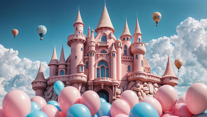 Fantastic castle. The old castle is pink, there are a lot of balloons around. Fantasy, art, creativity, creativity. - obrazy, fototapety, plakaty
