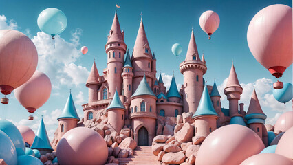Fantastic castle. The old castle is pink, there are a lot of balloons around. Fantasy, art, creativity, creativity.