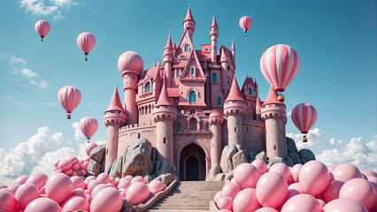 Fantastic castle. The old castle is pink, there are a lot of balloons around. Fantasy, art, creativity, creativity.
