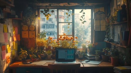 Bohemian Home Office with Plants and Vintage Decor