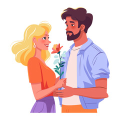 Young man gives flower to beautiful blond woman. Love and date concept. Vector flat illustration