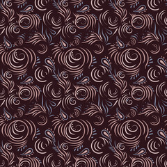 Abstract pink pattern on a green background, in boho style or traditional ornament. Seamless vector pattern with oriental and Slavic motifs. For fabrics, wrapping paper, clothing, interior decoration