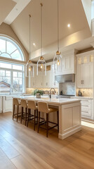 large kitchen with island, white cabinets and wood floors, arched window over sink, modern pendant lights over bar stools.