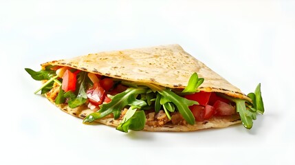 Delicious flat tortilla wraps with bacon, cheese and fresh vegetables, isolated on white background, Wrap Sandwich