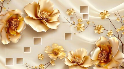 3d mural illustration background with golden flowers , circles simple golden decorative wallpaper, Summer background for product presentation, Paper flowers on a white background, Flat lay, top view

