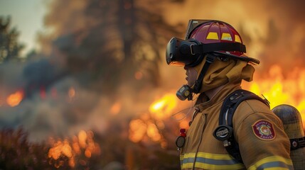 Firefighter battles blazes, risking life and limb to protect communities with courage and dedication with virtual reality sunglass - obrazy, fototapety, plakaty