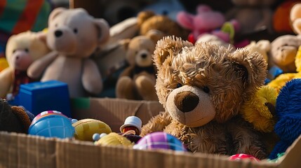 Donation box with teddy bear robots and toys