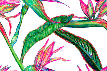 Bird of Paradise Seamless Pattern for Swimwear. Teal Green and Red Strelitzia Feminine Exotic Design.  Tropical Leaf Background. Large Polynesia Floral Print. Bird-of-Paradise Spring-Summer Tile