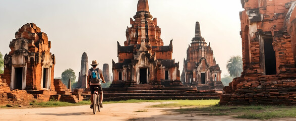 Exploring Ayutthaya: Backpacker Cycling Through Ancient Ruins in Thailand - obrazy, fototapety, plakaty