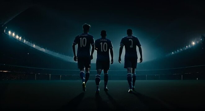 Back view of soccer players entering the soccer field.	
