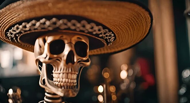 Skeleton with Mexican hat.	
