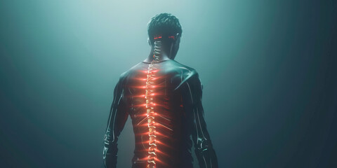 Scoliosis: The Spinal Curvature and Back Pain - Visualize a person with highlighted spine showing curvature, experiencing back pain and postural changes - obrazy, fototapety, plakaty