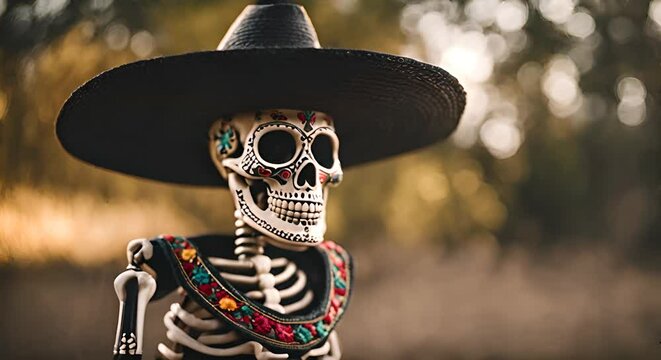 Skeleton with Mexican hat.	
