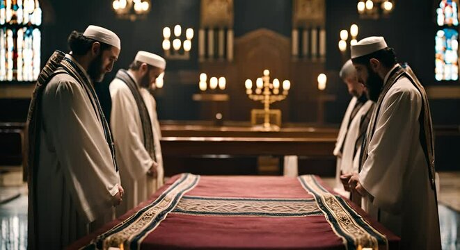 Jews praying in the synagogue.	
