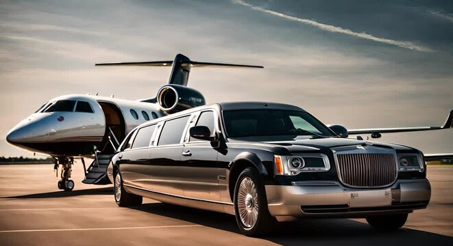 Limousine next to a private plane.	
