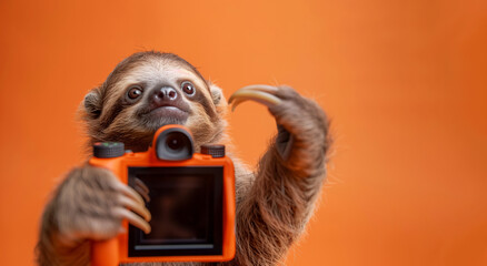 Naklejka premium A baby sloth is holding a camera and smiling. The orange background adds a warm and playful tone to the image. A baby sloth taking a photo with a camera in a solid peach colored background