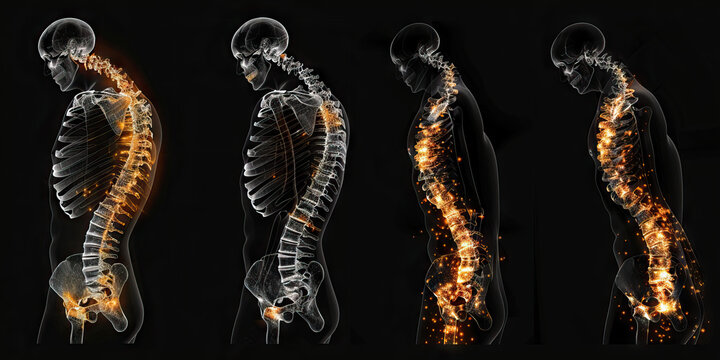 Scoliosis: The Spinal Curvature and Back Pain - Visualize a person with highlighted spine showing curvature, experiencing back pain and postural changes