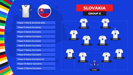 T-shirt and flag. Lineup of the Slovakia national football team. Football field with the formation of Slovakia players at the European tournament 2024. Vector illustration.