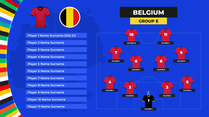 T-shirt and flag. Lineup of the Belgium national football team. Football field with the formation of Belgium players at the European tournament 2024. Vector illustration.
