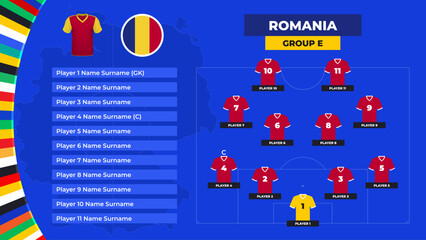T-shirt and flag. Lineup of the Romania national football team. Football field with the formation of Romania players at the European tournament 2024. Vector illustration.