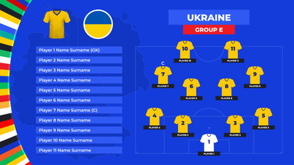 T-shirt and flag. Lineup of the Ukraine national football team. Football field with the formation of Ukraine players at the European tournament 2024. Vector illustration.