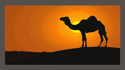   A camel silhouette stands atop a hill as the sun sets, its outline contrasting against the backdrop of the sinking sun In the foreground, another camel sil