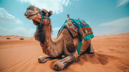   Camel in desert's heart, wearing a blanket, blue sky overhead