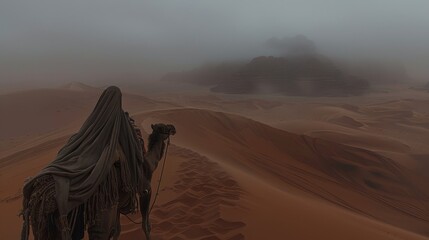  Camel in foreground, mountain backdrop, foggy sky